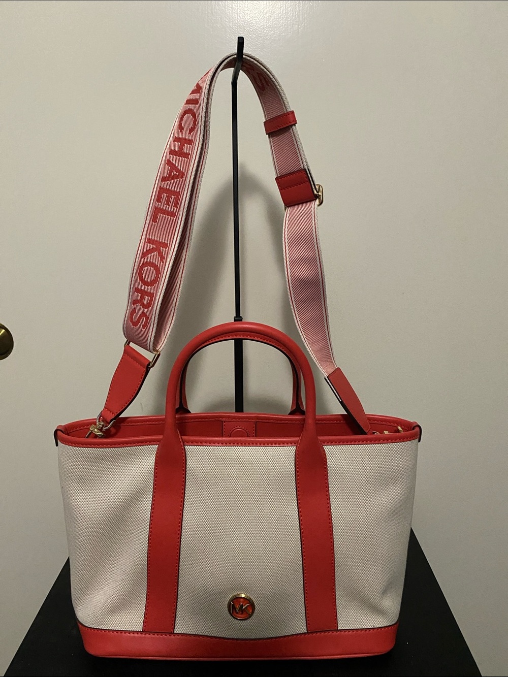 Michael Kors Cream Canvas Tote with Orange Trim and Logo Strap